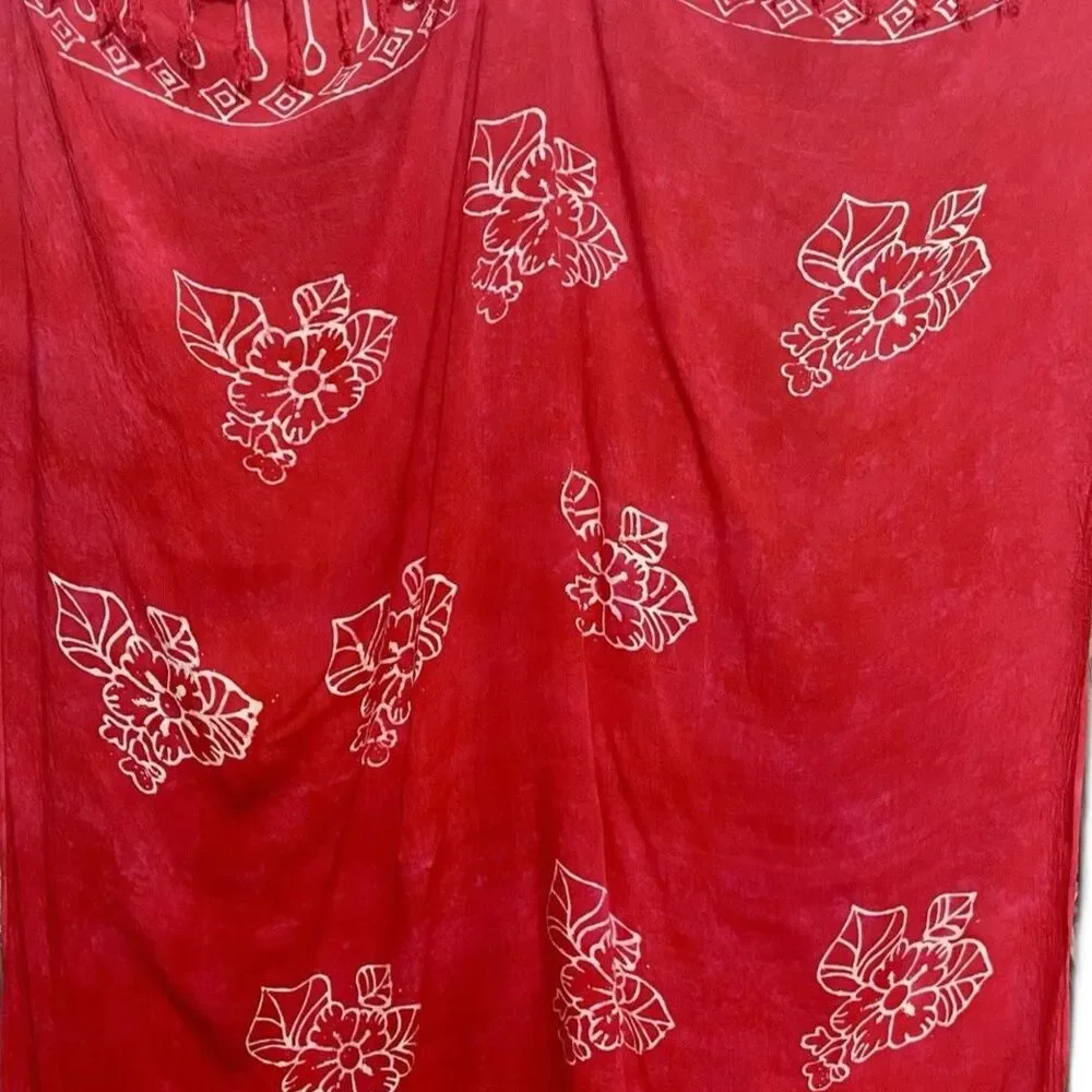 Bali Batik Pashmina Wrap Skirt Cover Up Fringed Scarf Boho Pink Red 4 X 6 ft